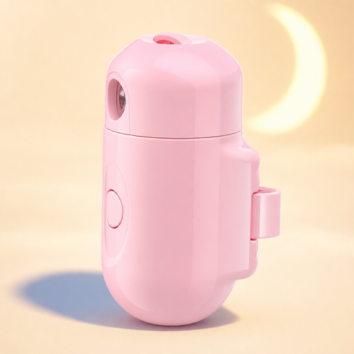 Moonpaw pink custom pet collar projector on a warm cream studio background