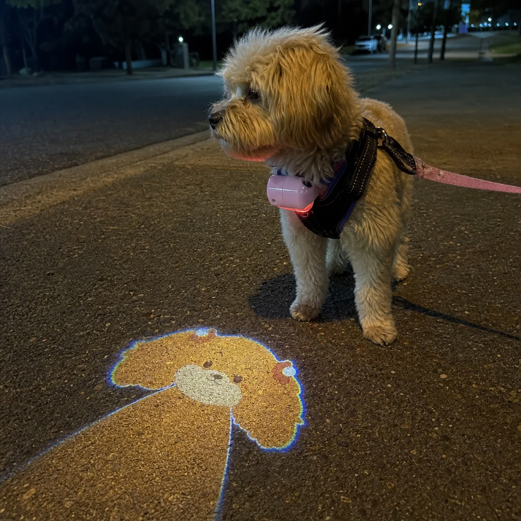 Candid evening walk with a dog wearing the Moonpaw projector and a personalized projection on the pavement
