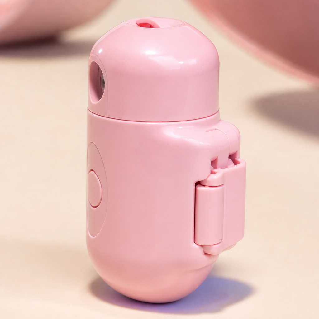 Rear close-up of the Moonpaw pink projector and detachable collar clip