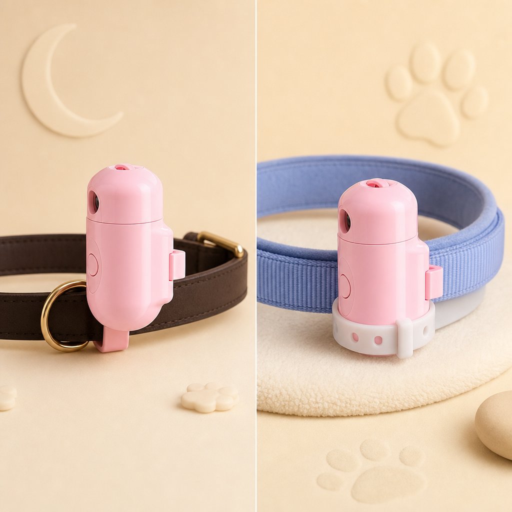 Moonpaw projector shown with clip and silicone strap collar attachment options