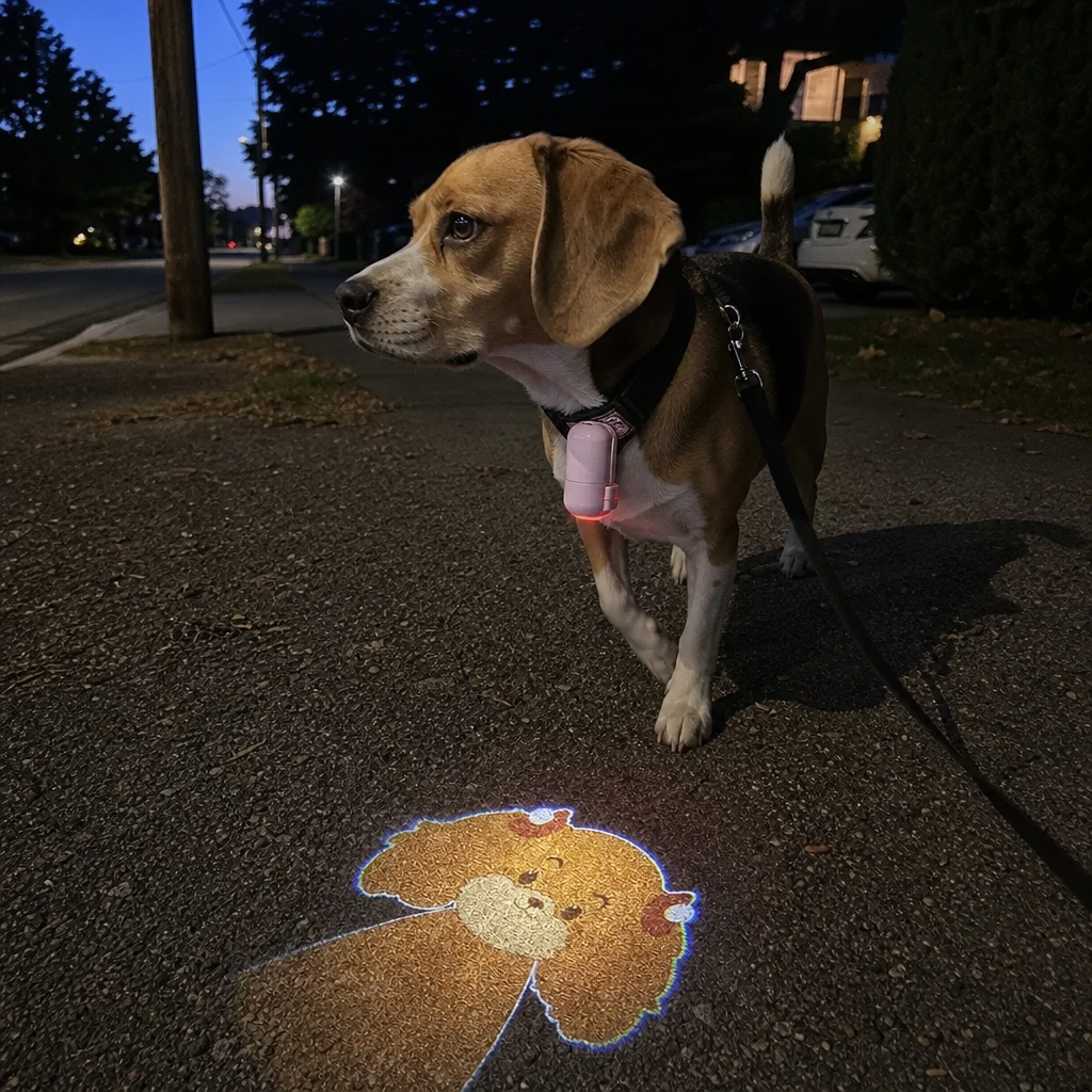 Owner-perspective evening walk with a dog wearing the Moonpaw projector
